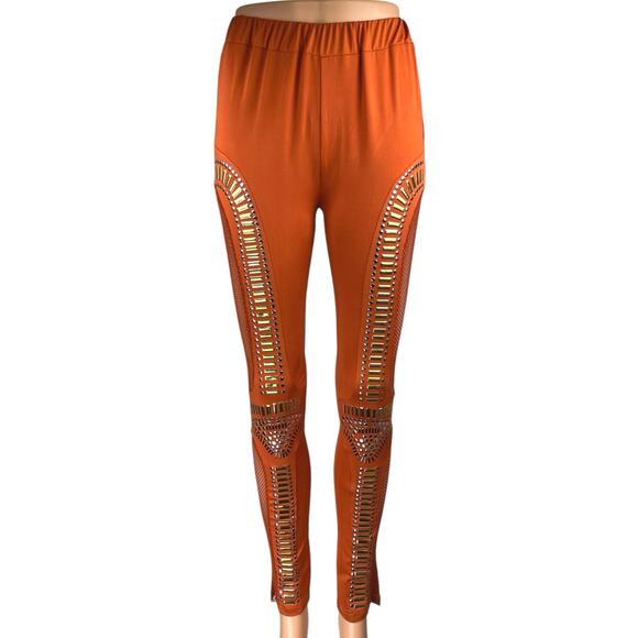 Rehab Orange Studded Fishnet Jeweled Skinny Mid Rise Trousers Leggings Pants L - Picture 1 of 7